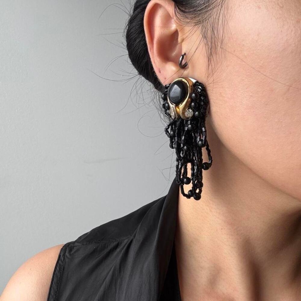 Vintage Gothic Black Beaded Fringe Chandelier Statement Earrings